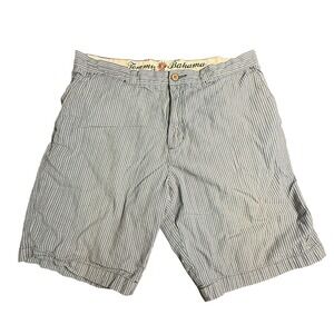 Tommy Bahama Paradise Nation Mens 35 Blue White Tan Striped Seersucker Shorts